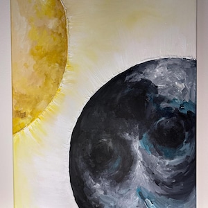May include: Abstract painting on canvas featuring a large yellow sun with rays and a black and blue orb. The painting is signed "Harrington" in the lower right corner.