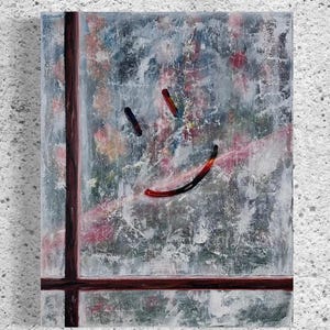 May include: Abstract painting of a smiley face on a textured, white background. The painting is framed with a dark red border.