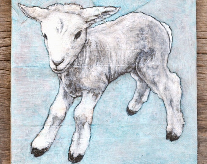 little lamb - mixed media painting on canvas - unique original modern rustic nursery art