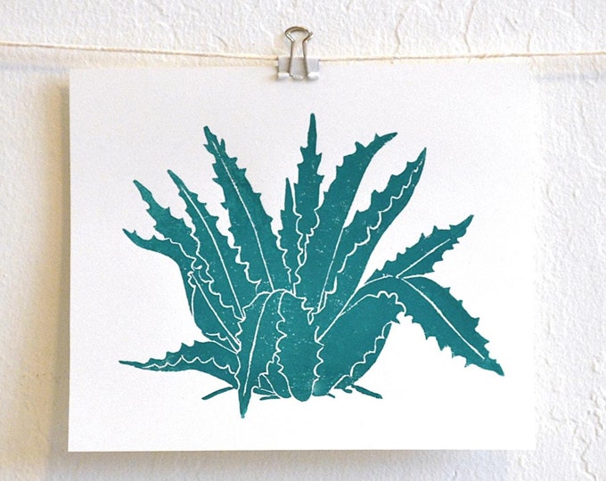 blue agave - unique modern minimal botanical linocut print on fine paper