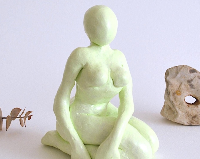 lime cream seated female nude figurine - unique original statuette - painted clay art object
