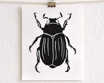 modern minimal insect beetle bug art: "scarab," hand-pressed linocut print on fine art paper