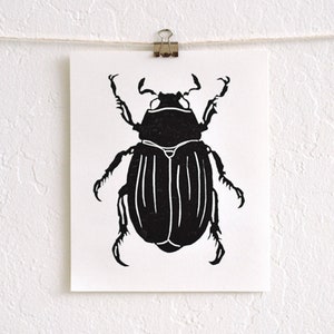modern minimal insect beetle bug art: scarab, hand-pressed linocut print on fine art paper Black