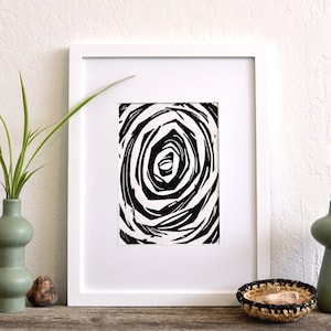 the elephant&#39;s eye - modern expressive abstract black and white linocut print on fine paper