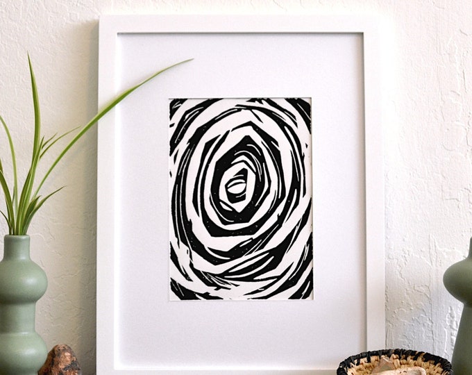 the elephant's eye - modern expressive abstract black and white linocut print on fine paper