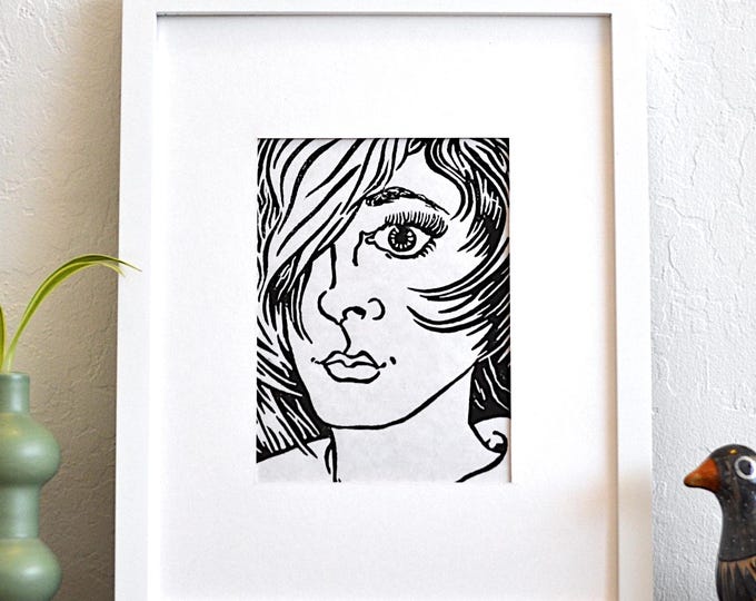 Leona's Eye - unique portrait of a woman - linocut print