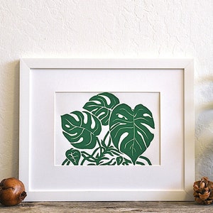 my monstera modern scandi boho style botanical linocut print Green