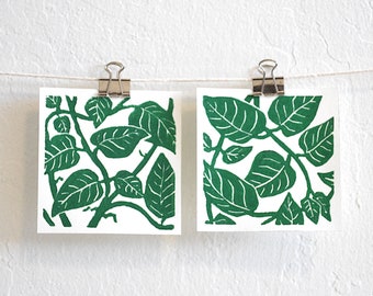 leaves and stems - set of two mini botanical nature themed linocut prints