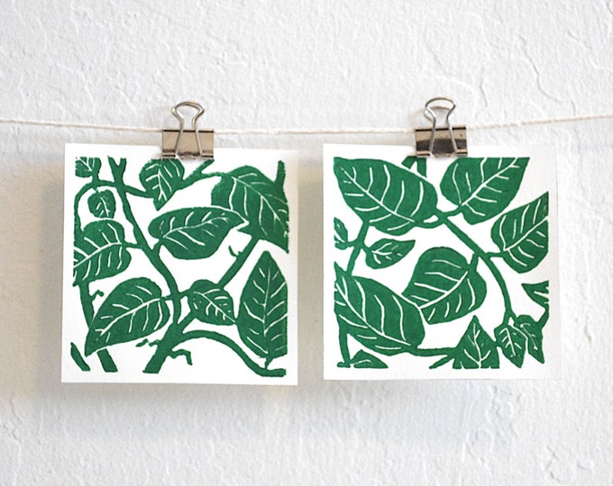 leaves and stems - set of two mini botanical nature themed linocut prints
