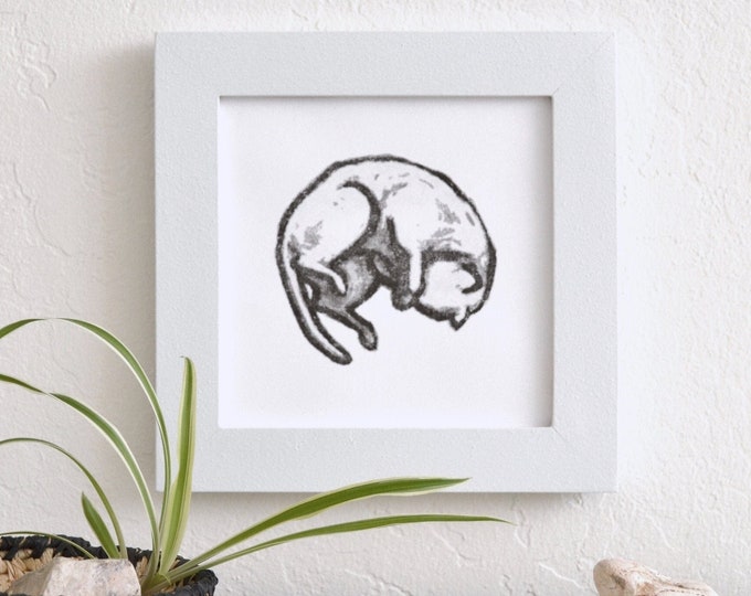 unique modern minimal cat art print: "cat nap," hand-pressed and derived from original drawing