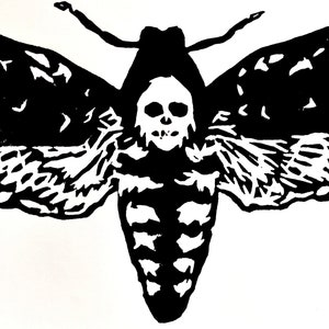 death&#39;s head moth - expressive spooky hand-pressed linocut print on fine paper