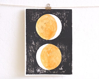 SALE! two golden phases - original modern moon phase art print - gold leaf embellished monoprint on paper