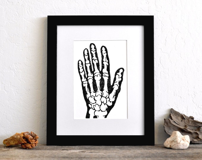 bones of the hand - unique contemporary spooky anatomical linocut print