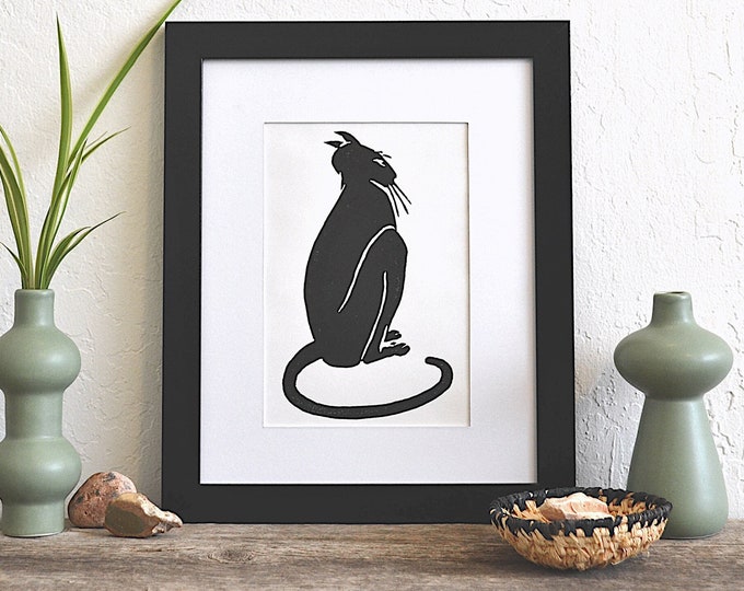 seated black cat - black and white modern minimal block print