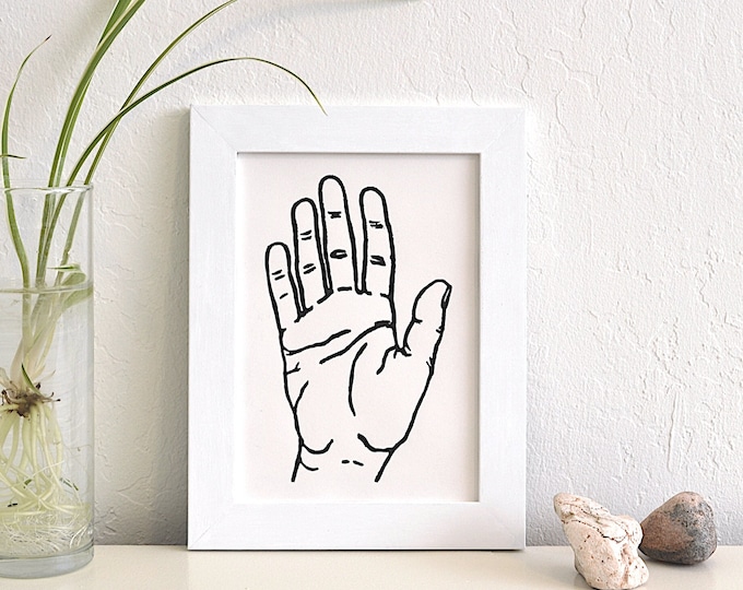 la mano - minimal linocut print of a hand, derived from original contour black line drawing