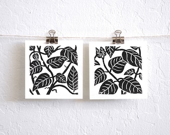 leaves and stems - set of two mini botanical nature themed linocut prints