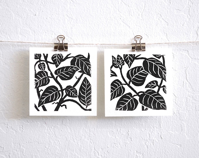 leaves and stems - diptych - set of two mini botanical nature themed linocut prints