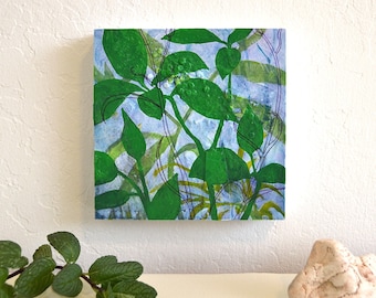 small unique botanical painting: "printemps 03," original mixed media art on wood panel