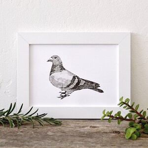 urban pigeon unique hand-pressed thermal transfer print derived from original drawing, minimal modern art for city living image 1