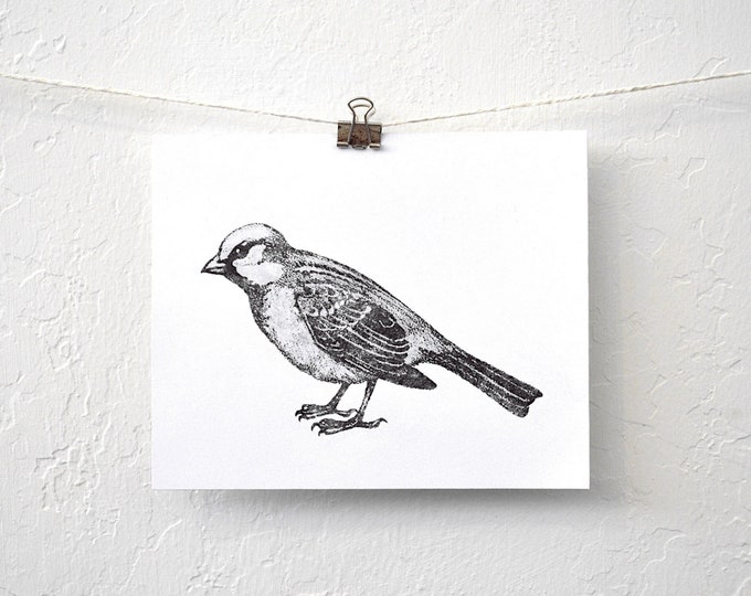 modern minimal sparrow print; hand-pressed thermal transfer of my original drawing