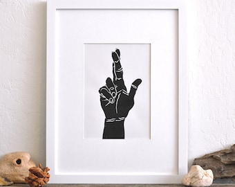 fingers crossed - modern contemporary unique black and white linocut print