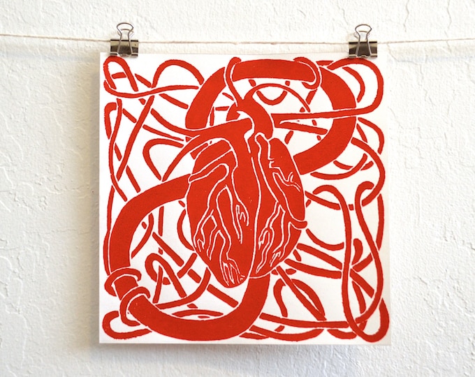 contemporary hand-carved linocut print: a complicated heart - unique hand-pressed design on fine paper