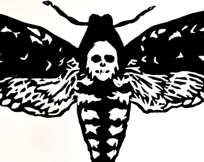 death's head moth - expressive spooky hand-pressed linocut print on fine paper