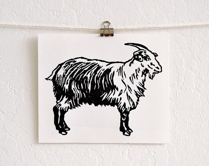 friendly goat - modern minimal rustic farmhouse style, farm animal linocut