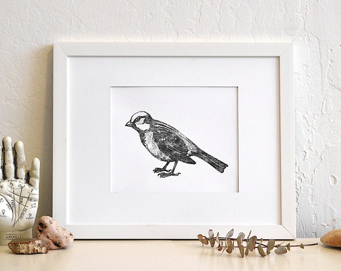 mighty mite - unique thermal print of my original detailed pencil drawing of a sparrow