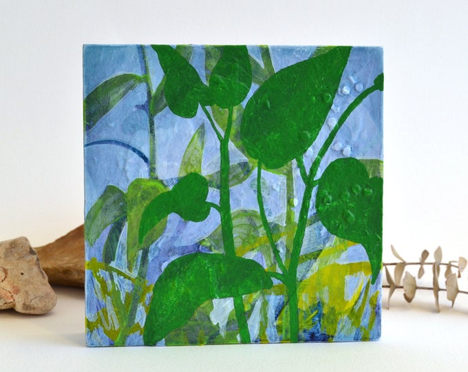 small original botanical painting: "printemps 01," original mixed media on wood panel