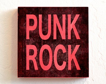 black and red rocker art panel - PUNK ROCK - unique printed and stained wooden sign