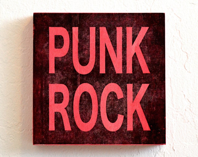 black and red rocker art panel - PUNK ROCK - unique printed and stained wooden sign