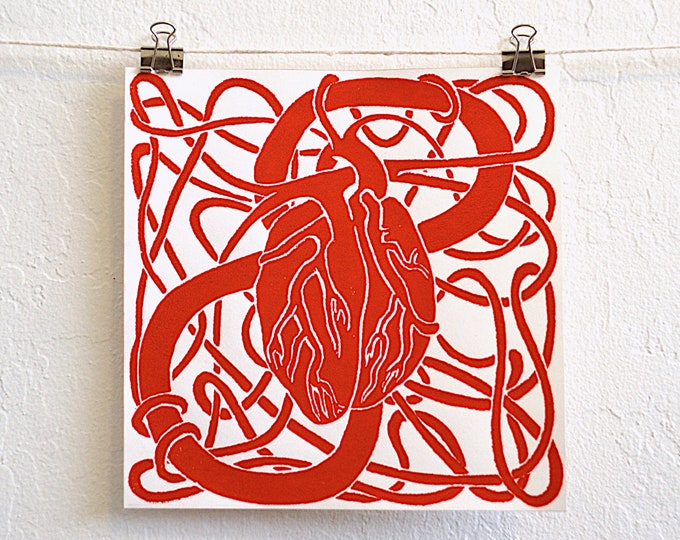 a complicated heart - unique surrealist hand-carved linocut print on fine paper