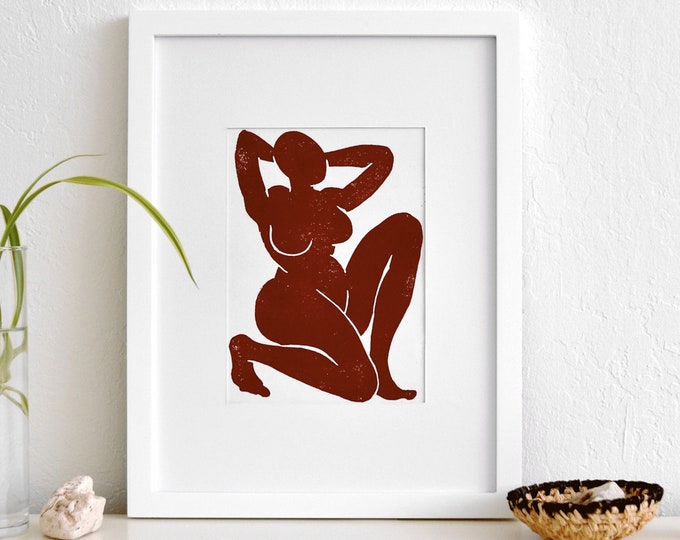 dynamic nude - unique body positive linocut print of a woman on fine paper