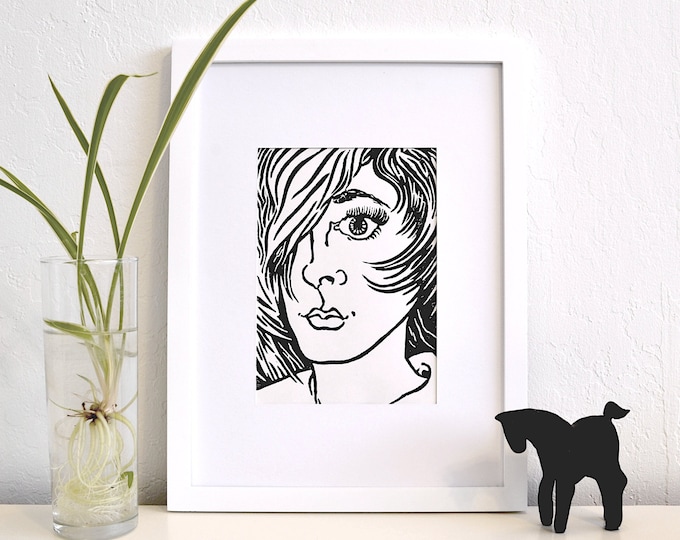 Leona - unique punk glam style linocut print on fine paper
