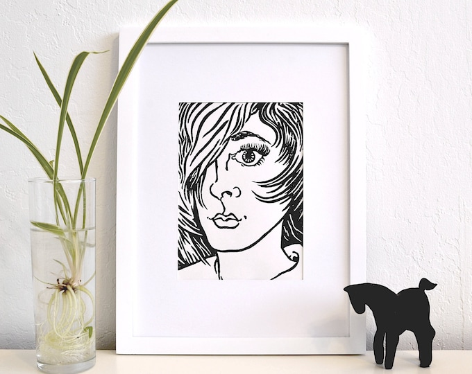 Leona - portrait of a woman, glam goth retro 80s style linocut art print