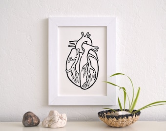 modern minimal anatomical heart block print: "a simple heart," hand-pressed linocut print on paper