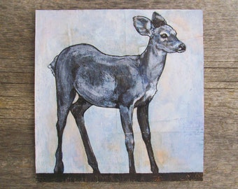 blue fawn - mixed media original modern rustic wildlife painting of a baby deer