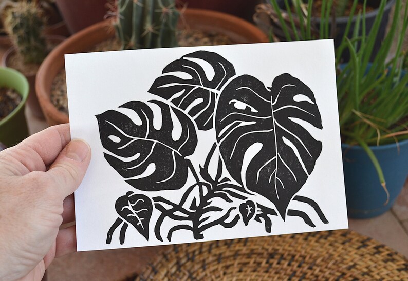 my monstera modern scandi boho style botanical linocut print Black