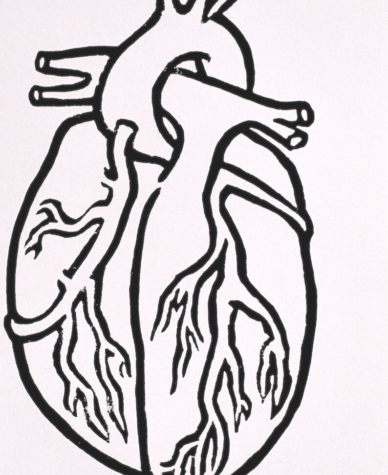 modern minimal anatomical heart block print: a simple heart, hand-pressed linocut print on paper image 2