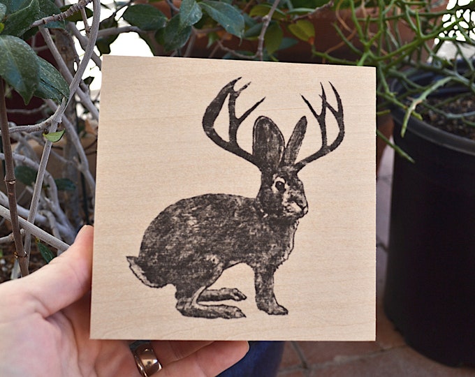 the jackalope - unique wall art decor, modern minimal rustic printed wood panel