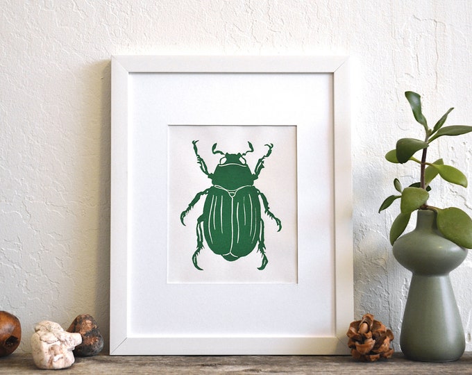 modern minimal insect beetle bug art: "scarab," hand-pressed linocut print on fine art paper