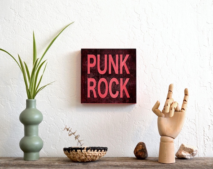 black and red rocker art panel - PUNK ROCK - unique printed and stained wooden sign