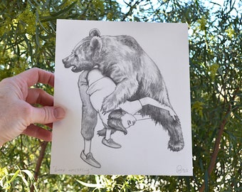 SALE! bear wrestling - unique original pencil drawing on fine paper