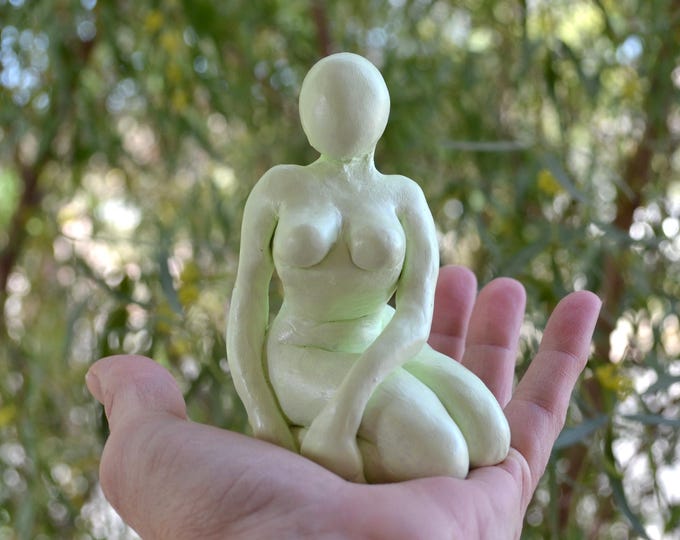 lime cream seated female nude figurine - unique original statuette - painted clay art object