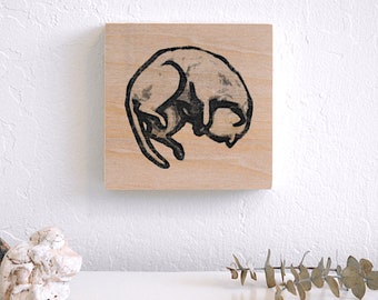 cat nap - unique contemporary wall decor - hand-pressed print on wood panel