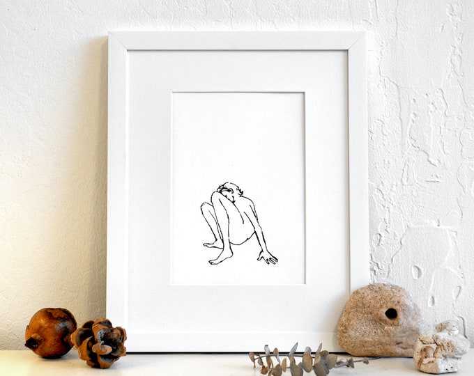 gravity girl - hand-pressed thermal print of my original drawing - minimal line figurative wall art