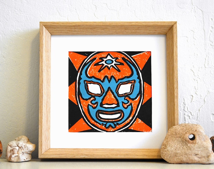 Mexican Luchador Print – Colorful Linocut Wrestling Art (5x5)