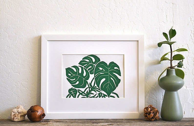 my monstera modern scandi boho style botanical linocut print Green