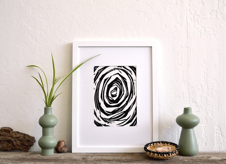 the elephant's eye modern abstract black and white linocut print image 4